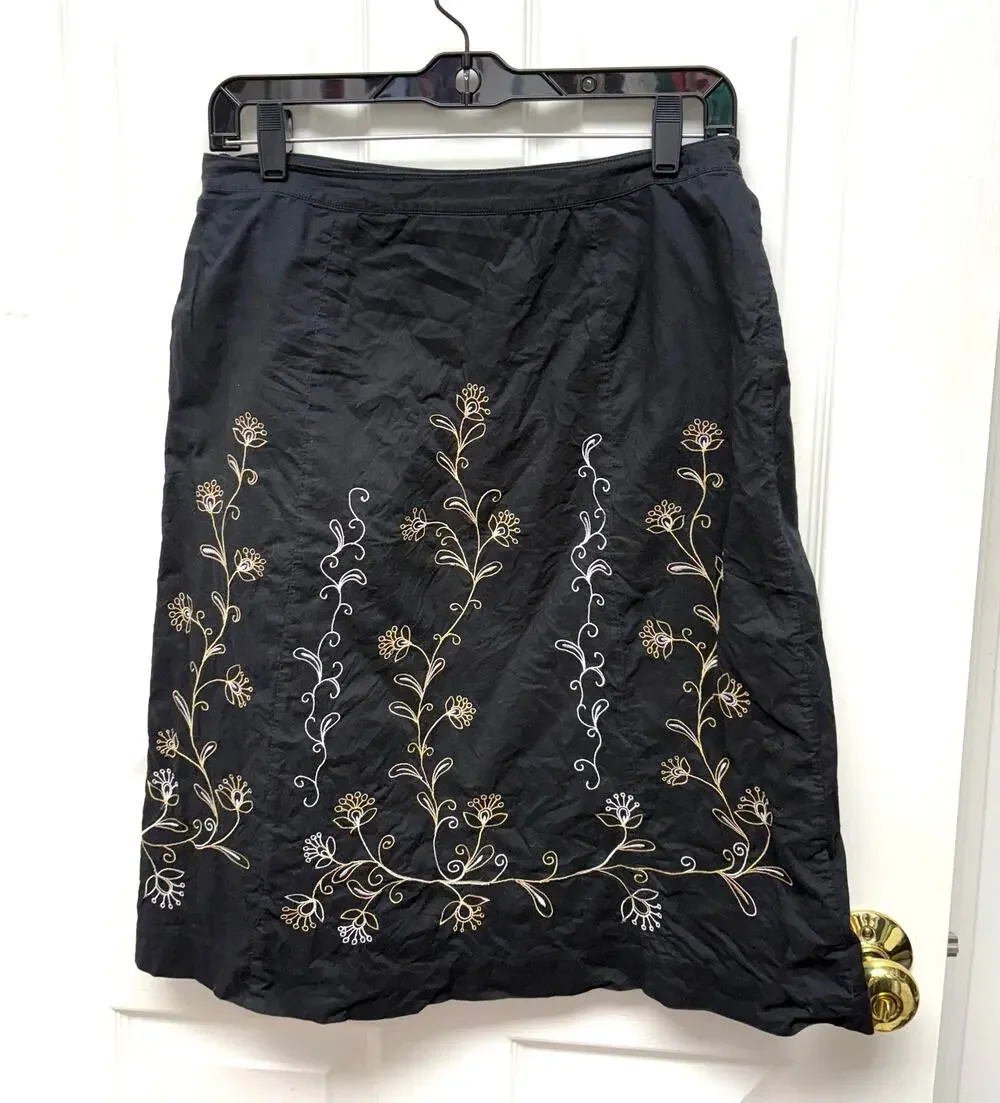Willi Smith Skirt Black A Line Tan Embroidery, Cotton, Lined, Women's Size 4